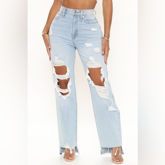 Fashion Nova Amsterdam Ripped Straight Leg Light Wash Jeans - Picture 1 of 7